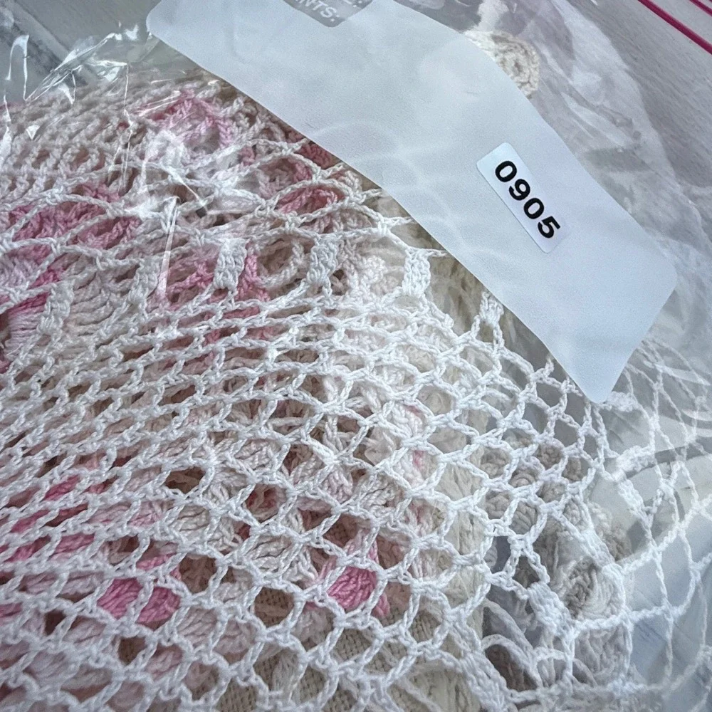 Vintage Hand Crochet Lace Doilies Lot Pink White Floral Table Linens 3pc Set
